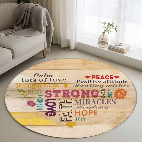 Area Rug 48in, Colorful Inspiration Quotes Love Heart Design Floor Carpet Living Room Rug, Wood Plank Non-Slip Welcome Mat Indoor Rugs for Bedroom Dining Room