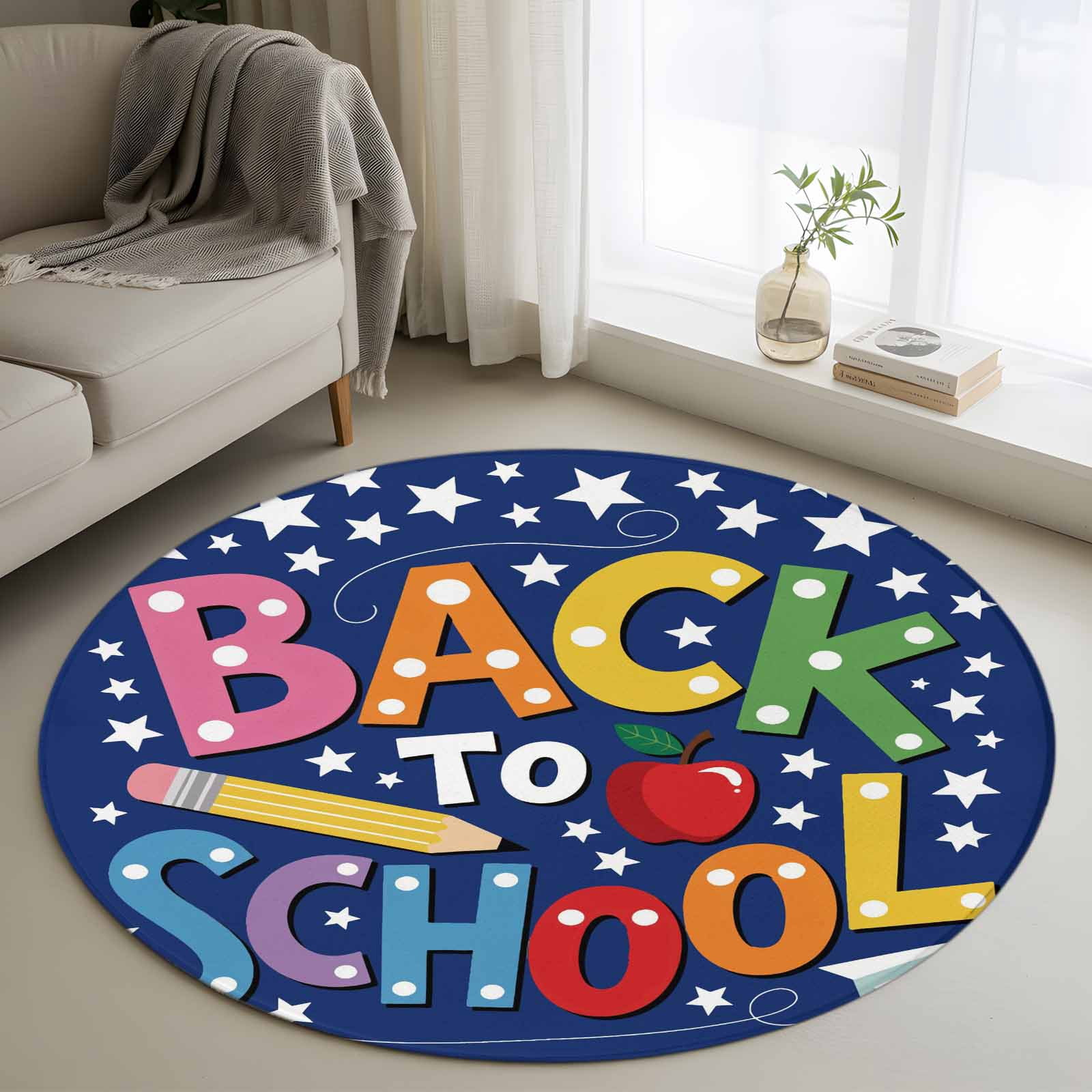 Word Rug Area Rug 48in, Colorful Word Pencil Stars Navy Blue Floor Carpet Living ...