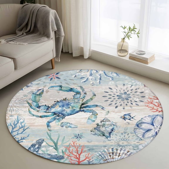 Area Rug 48in, Crab Shell Ocean Coral Floor Carpet Living Room Rug, Retro Gradient Wood Grain Non-Slip Welcome Mat Indoor Rugs for Bedroom Dining Room