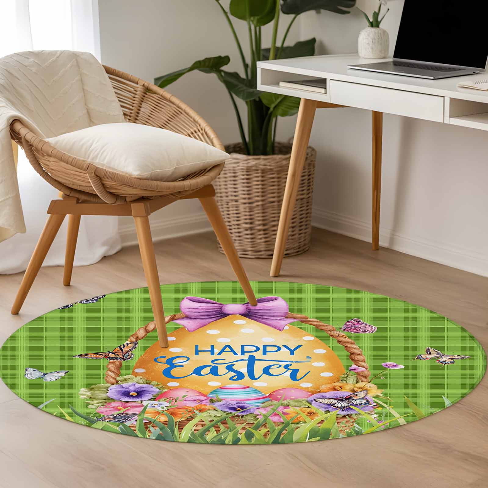 Easter Colors Rag Rug Area Rug 48in, Easter Orange Egg Green Plaid Floor Carpet Living Room ...