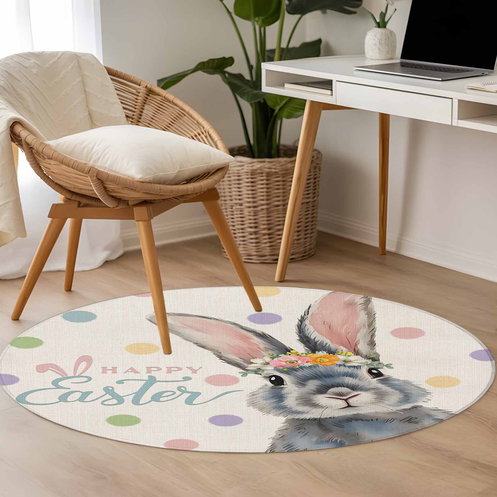 Easter Rug Design Area Rug 48in, Easter Rabbit Retro Linen Texture Floor Carpet Living ...