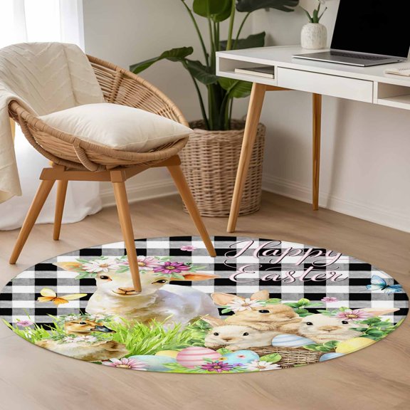 Area Rug 48in, Easter Rabbit Sheep Duck Flower Floor Carpet Living Room Rug, Rustic Farm Animal Checkered Non-Slip Welcome Mat Indoor Rugs for Bedroom Dining Room