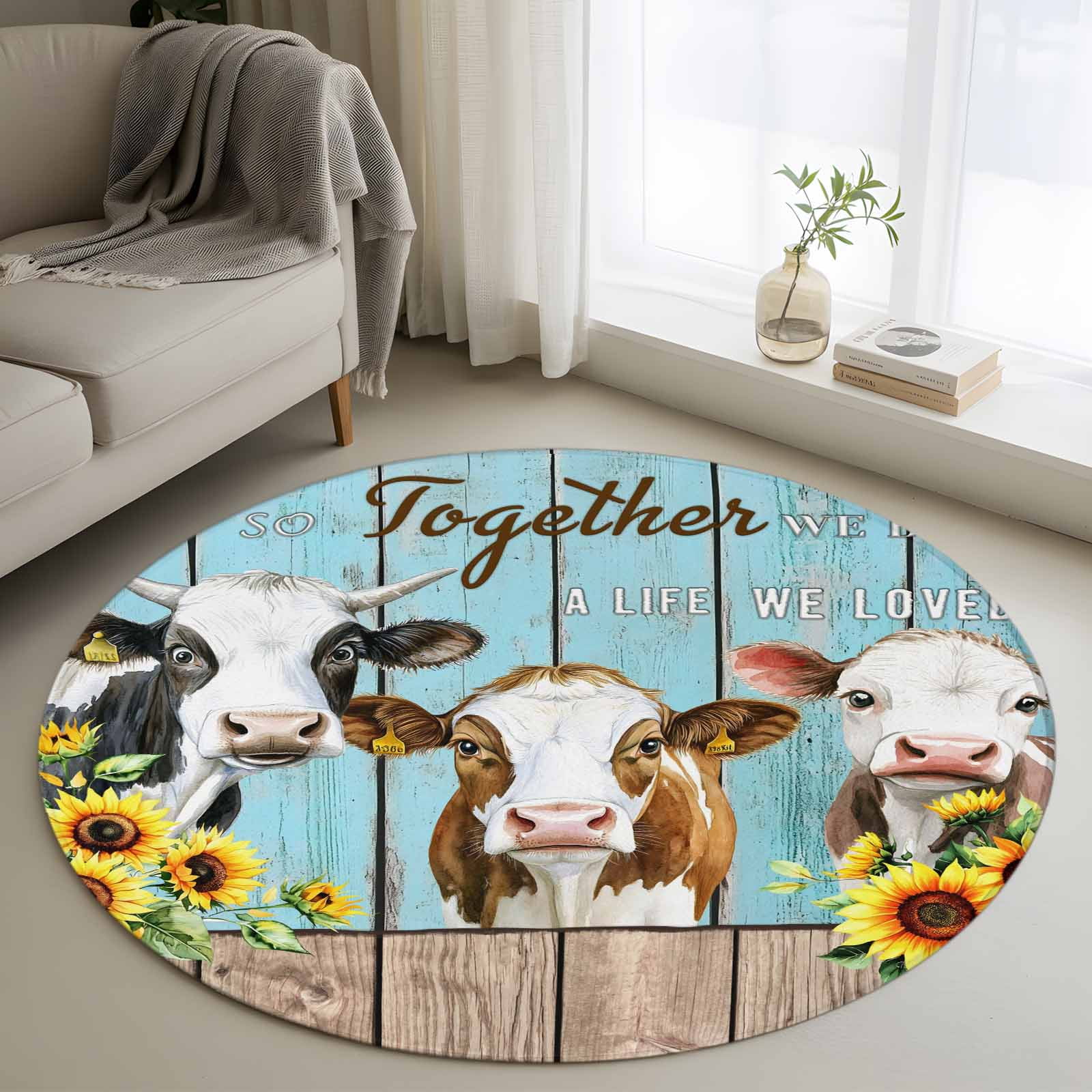 Area Rug 48in, Farm Cow Sunflower Floor Carpet Living Room Rug, Vintage ...