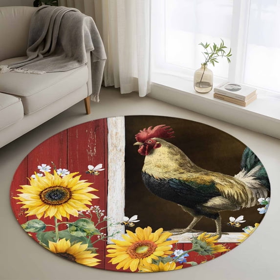 Area Rug 48in, Farm Rooster Sunflower Floor Carpet Living Room Rug, Rustic Red Wooden Texture Non-Slip Welcome Mat Indoor Rugs for Bedroom Dining Room