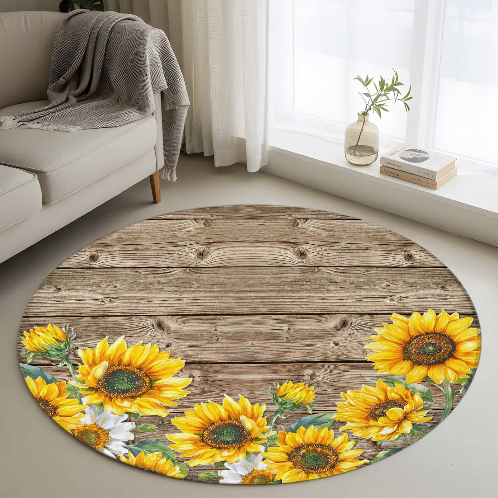 Area Rug 48in, Farm Sunflower Plant Watercolor Floor Carpet Living Room ...