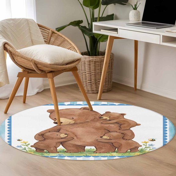 Area Rug 48in, Farmhouse Bears Pastoral Flower Floor Carpet Living Room Rug, Brown Animal Blue Stripe Non-Slip Welcome Mat Indoor Rugs for Bedroom Dining Room