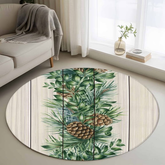 Area Rug 48in, Farmhouse Pine Needle Pinecone Floor Carpet Living Room Rug, Rustic Retro Wood Grain Non-Slip Welcome Mat Indoor Rugs for Bedroom Dining Room