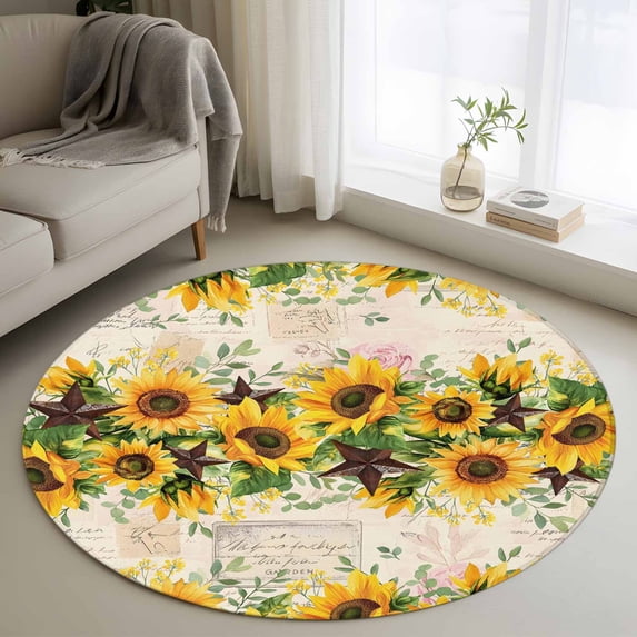 Area Rug 48in, Farmhouse Sunflower Vintage Star Floor Carpet Living Room Rug, Retro Flower Leaves Non-Slip Welcome Mat Indoor Rugs for Bedroom Dining Room