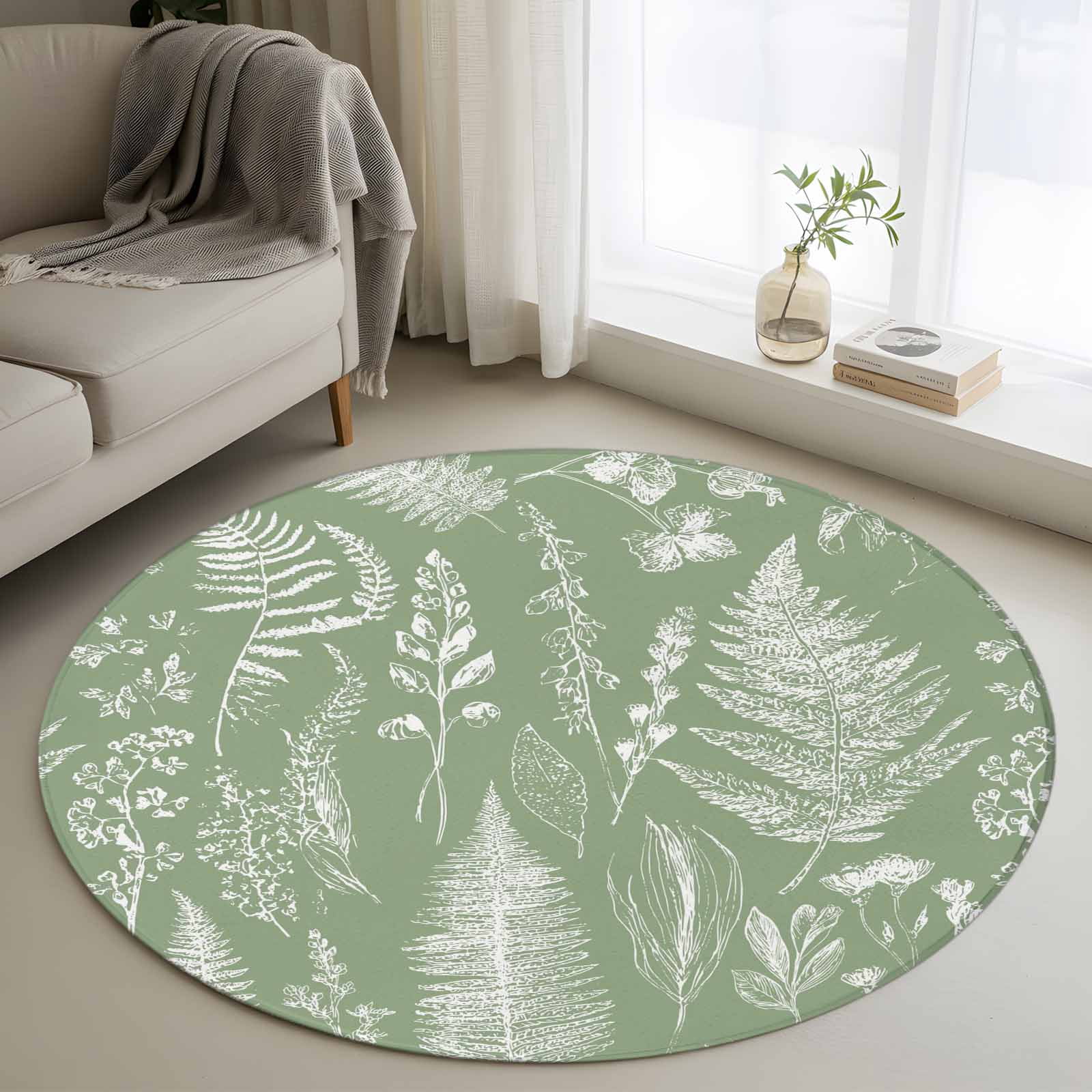 Area Rug 48in, Fern Leaves Sage Green Foliage Floor Carpet Living Room ...