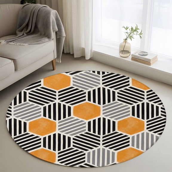 Area Rug 48in, Geometric Orange Black Hexagon Floor Carpet Living Room Rug, Modern Abstract Stripe Art Non-Slip Welcome Mat Indoor Rugs for Bedroom Dining Room