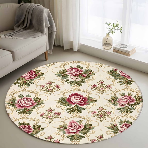 Area Rug 48in, Gradient Red Blossom Floral Floor Carpet Living Room Rug, Delicate Golden Pattern Non-Slip Welcome Mat Indoor Rugs for Bedroom Dining Room