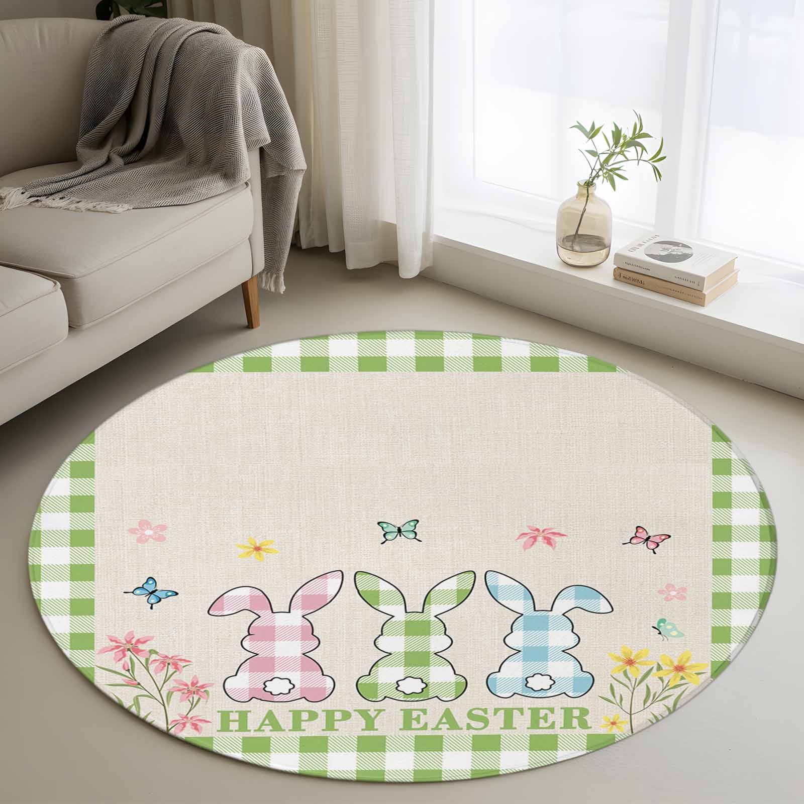 Happy Easter Rug Area Rug 48in, Happy Easter Bunny Shadow Flowers Floor Carpet Living ...