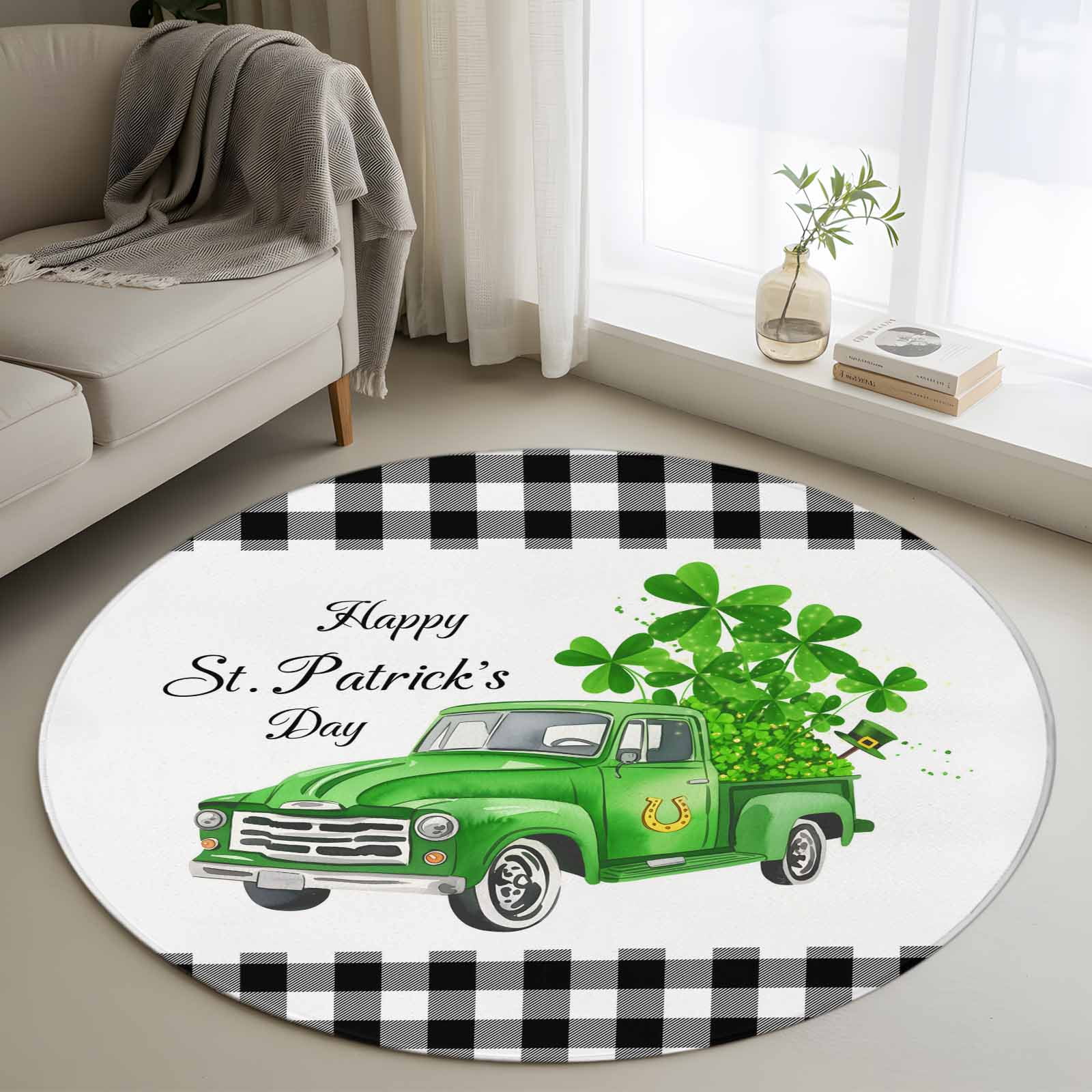 Area Rug 48in, Happy St. Patrick's Day Green Farm Truck with Clovers ...