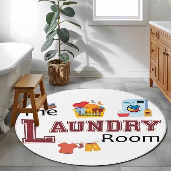 Area Rug 48in, Laundry Room Quotes Theme Element Floor Carpet Living Room Rug, White Background Non-Slip Welcome Mat Indoor Rugs for Bedroom Dining Room