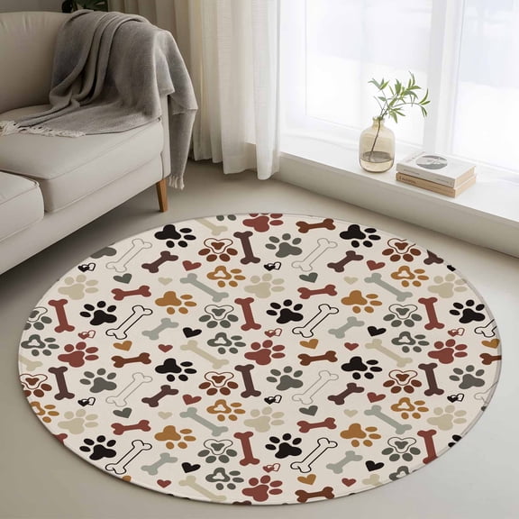 Area Rug 48in, Love Bone Dog Paw Print Floor Carpet Living Room Rug, Animal Footprints Seamless Non-Slip Welcome Mat Indoor Rugs for Bedroom Dining Room