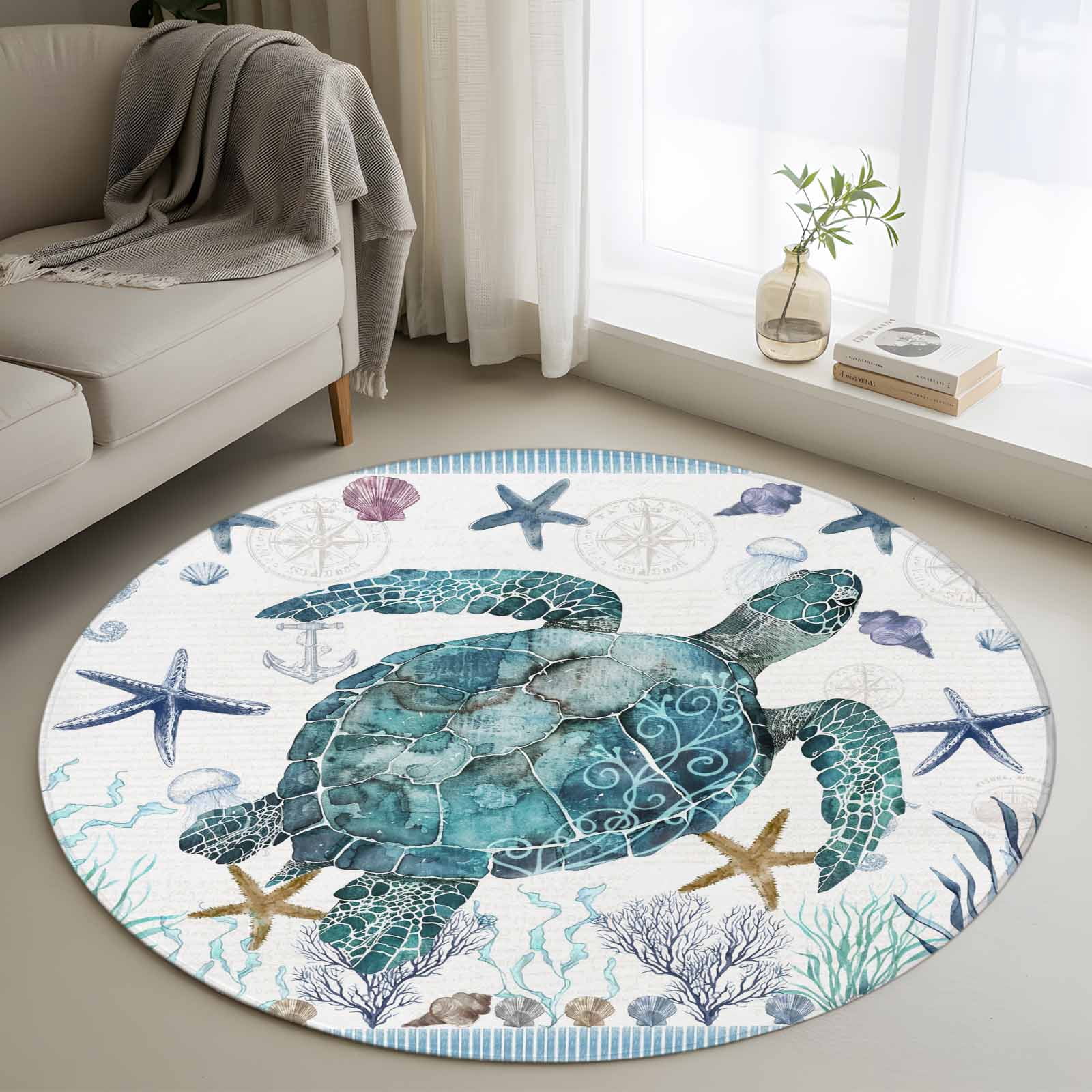 Area Rug 48in, Marine Sea Turtle Starfish Shell Floor Carpet Living ...