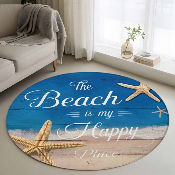 Area Rug 48in, Marine Theme Beach Starfish Floor Carpet Living Room Rug, Happy Place Quote Wooden Plank Non-Slip Welcome Mat Indoor Rugs for Bedroom Dining Room