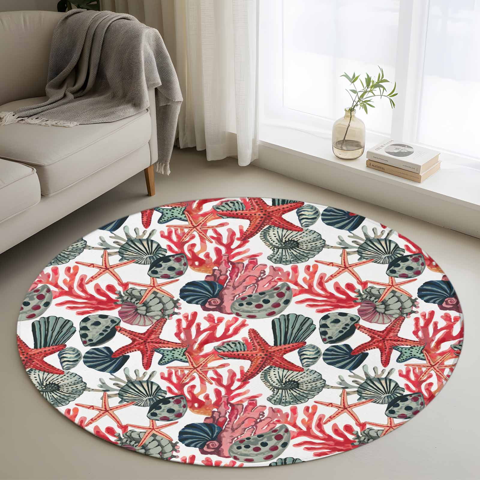 Seashell Area Rug Area Rug 48in, Modern Beach Colorful Seashell Coral Floor Carpet Living ...