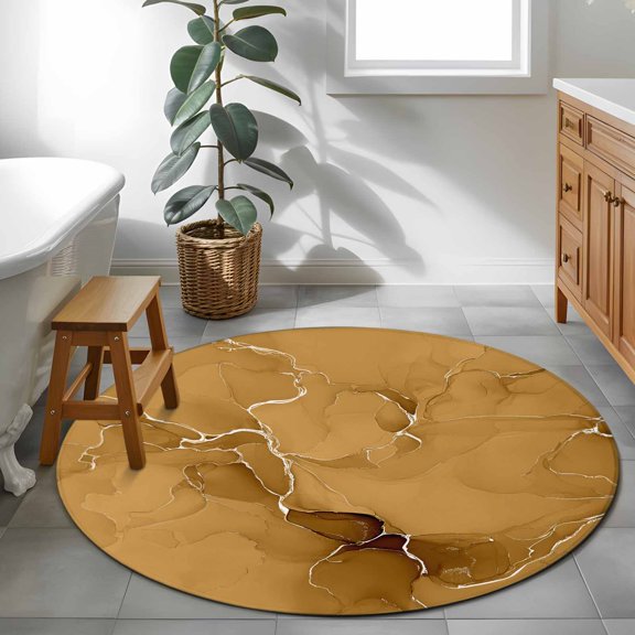 Area Rug 48in, Modern Marble Texture Dark Yellow Floor Carpet Living Room Rug, Abstract Fluid Stripe Art Non-Slip Welcome Mat Indoor Rugs for Bedroom Dining Room