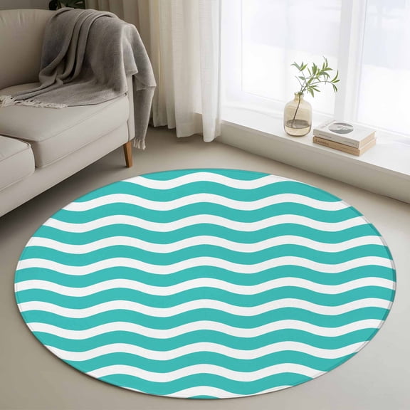 Area Rug 48in, Modern Minimalist Wave Stripe Art Floor Carpet Living Room Rug, Ocean Teal Water Ripple Non-Slip Welcome Mat Indoor Rugs for Bedroom Dining Room