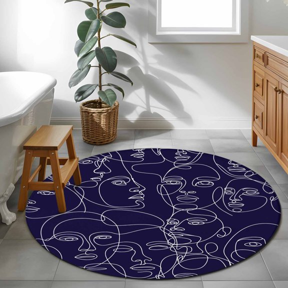 Area Rug 48in, Modern White Line Character Face Floor Carpet Living Room Rug, Abstract Purple Non-Slip Welcome Mat Indoor Rugs for Bedroom Dining Room
