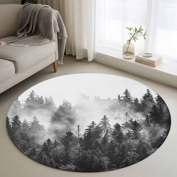 Area Rug 48in, Monochrome Misty Natural Forest Floor Carpet Living Room Rug, Foggy Tree Woodland Scenery Non-Slip Welcome Mat Indoor Rugs for Bedroom Dining Room