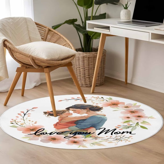 Area Rug 48in, Mother's Day Flower Wreath Floor Carpet Living Room Rug, Love You Mom Quote Non-Slip Welcome Mat Indoor Rugs for Bedroom Dining Room