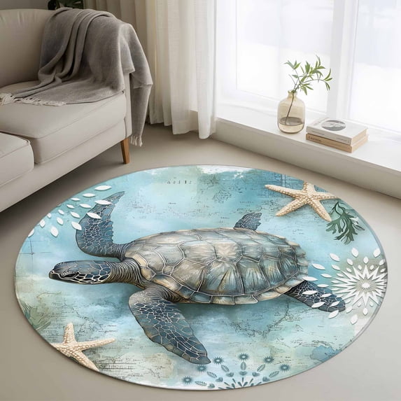 Area Rug 48in, Nautical Sea Turtle Ocean Starfish Conch Floor Carpet Living Room Rug, Vintage Map Blue Gradient Non-Slip Welcome Mat Indoor Rugs for Bedroom Dining Room