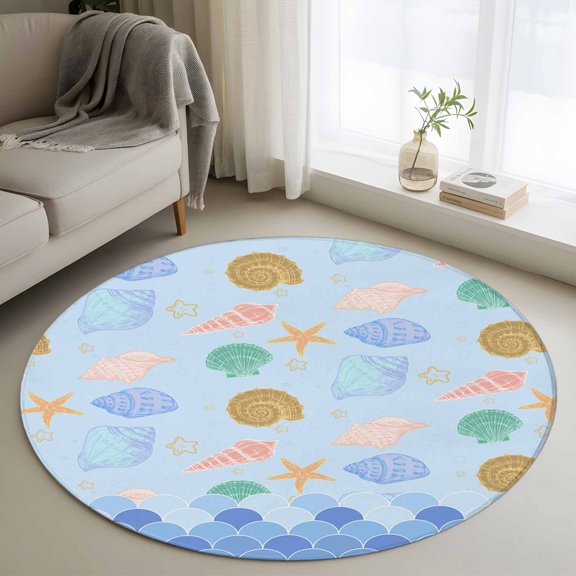 Area Rug 48in, Nautical Starfish Conch Blue Watercolor Mermaid Scales Floor Carpet Living Room Rug, Coastal Shells Ocean Style Non-Slip Welcome Mat Indoor Rugs for Bedroom Dining Room
