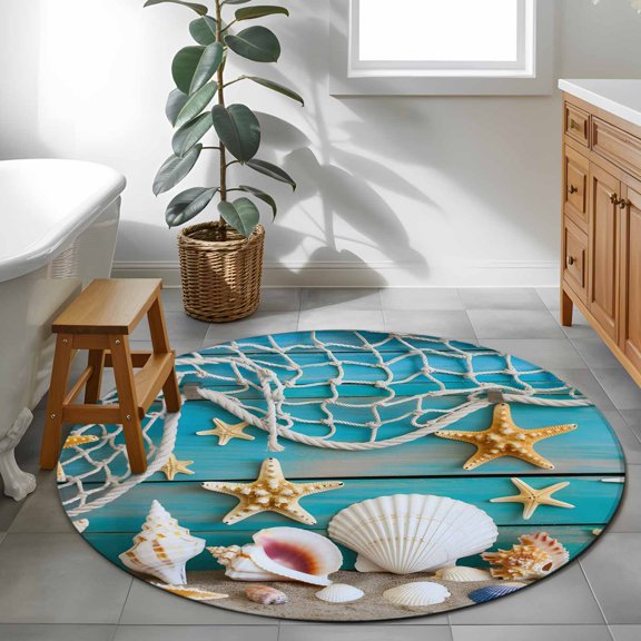 Area Rug 48in, Ocean Beach Starfish Conch Fishing Net Floor Carpet Living Room Rug, Blue Wood Board Non-Slip Welcome Mat Indoor Rugs for Bedroom Dining Room