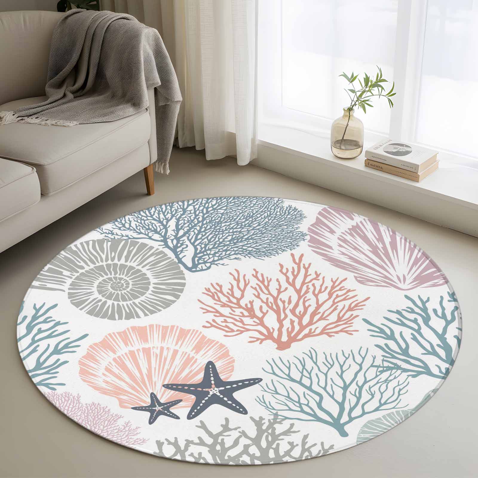 White Shell Rug Area Rug 48in, Ocean Coral Starfish Shell on White Floor Carpet Living ...