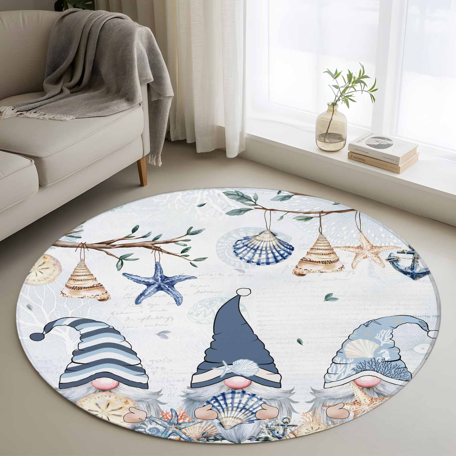 Baby Shell Rug Area Rug 48in, Ocean Dwarf Shell Starfish Nautical Anchor Floor Carpet ...