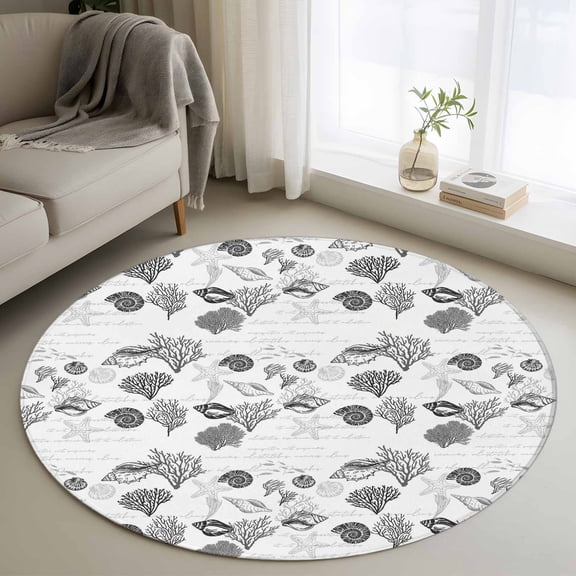 Area Rug 48in, Ocean Grey Shell Coral Starfish Floor Carpet Living Room Rug, Abstract Marine Life Non-Slip Welcome Mat Indoor Rugs for Bedroom Dining Room