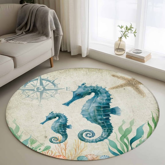 Area Rug 48in, Ocean Marine Life Seahorse Floor Carpet Living Room Rug, Vintage Nautical Theme Non-Slip Welcome Mat Indoor Rugs for Bedroom Dining Room