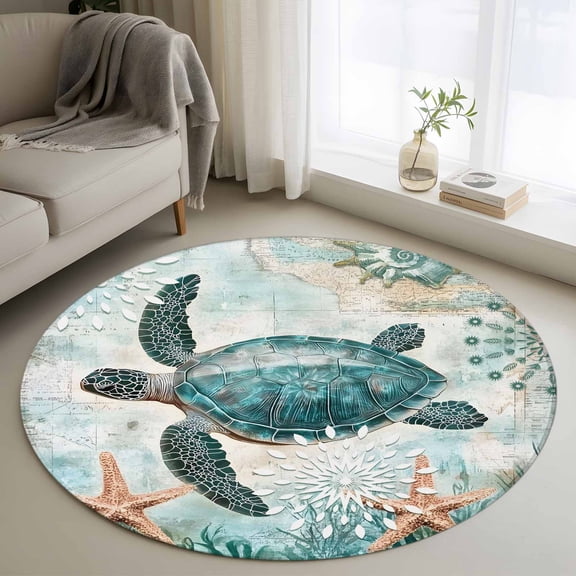 Area Rug 48in, Ocean Sea Turtle Starfish Conch Floor Carpet Living Room Rug, Coral Coastal Map Non-Slip Welcome Mat Indoor Rugs for Bedroom Dining Room