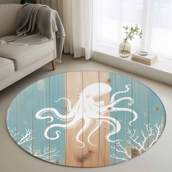 Area Rug 48in, Ocean White Octopus Coral Floor Carpet Living Room Rug, Vintage Wood Board Marine Creature Non-Slip Welcome Mat Indoor Rugs for Bedroom Dining Room