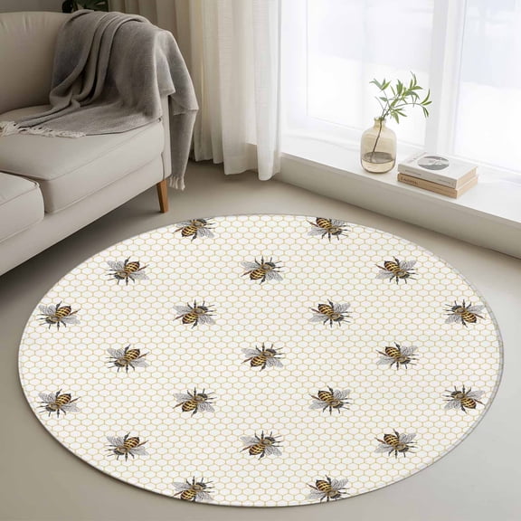 Area Rug 48in, Pastoral Farm Bee Honeycomb Floor Carpet Living Room Rug, Rustic Abstract Hexagon Non-Slip Welcome Mat Indoor Rugs for Bedroom Dining Room