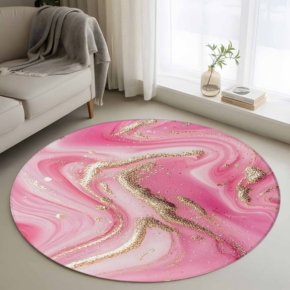 Area Rug 48in, Pink Water Ripple Gold Foil Floor Carpet Living Room Rug, Abstract Wave Minimalist Style Non-Slip Welcome Mat Indoor Rugs for Bedroom Dining Room