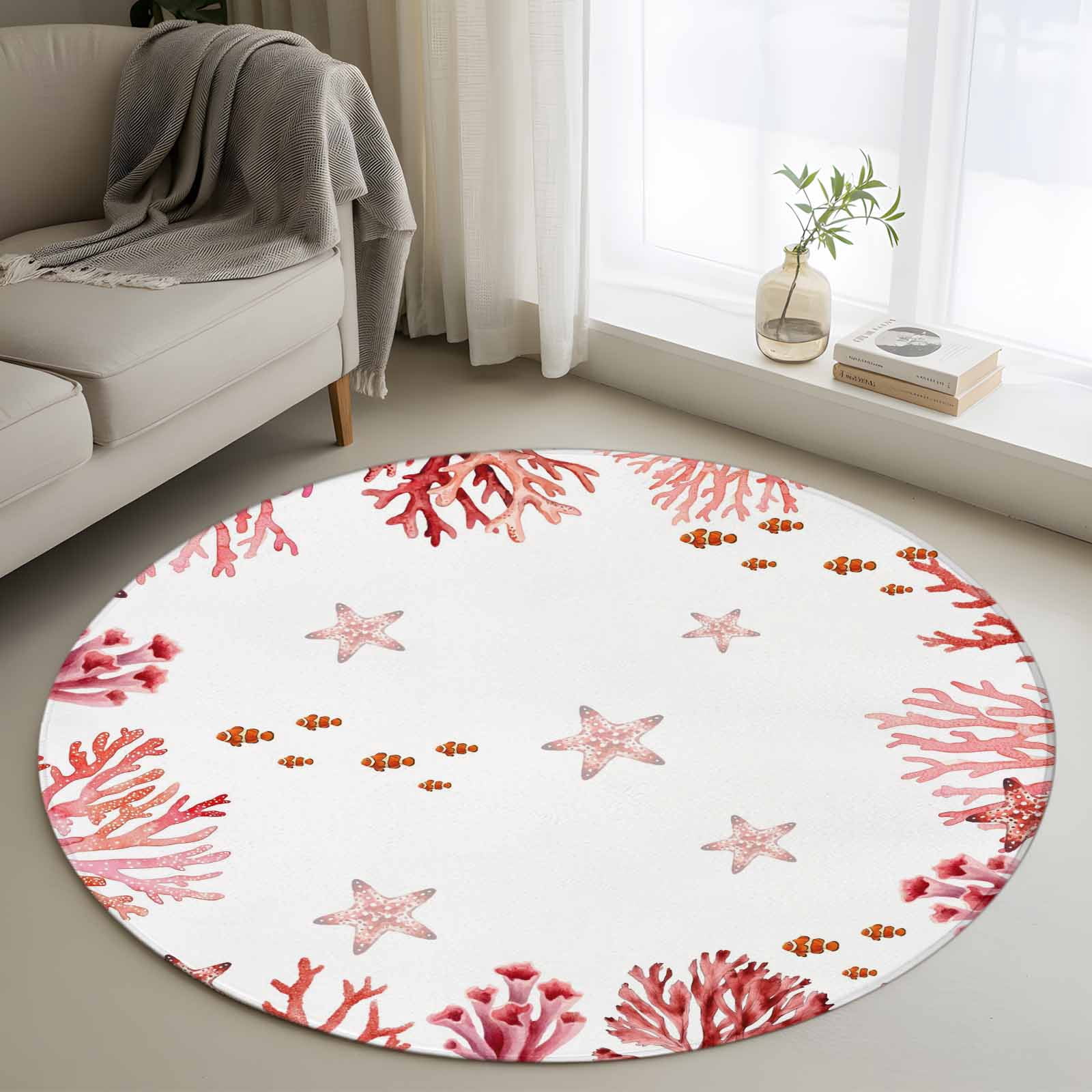 Area Rug 48in, Red Coral Starfish Fish Floor Carpet Living Room Rug ...