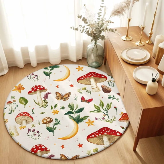 Area Rug 48in, Red Mushroom Leaf Spring Butterfly Floor Carpet Living ...