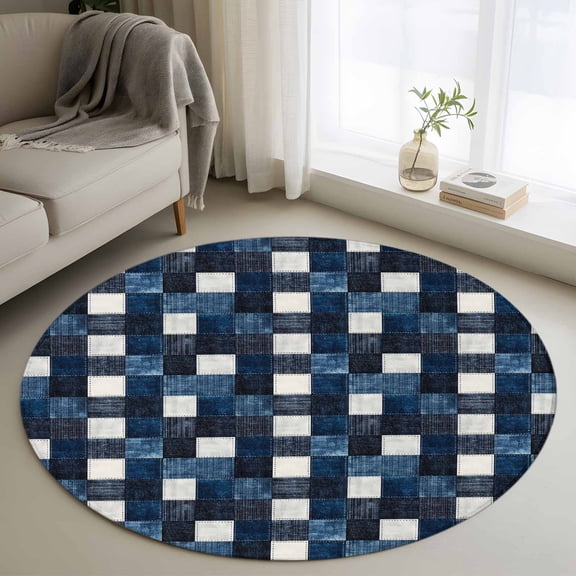 Area Rug 48in, Retro Blue Black Buffalo Check Floor Carpet Living Room Rug, Checkered Plaid Seamless Non-Slip Welcome Mat Indoor Rugs for Bedroom Dining Room