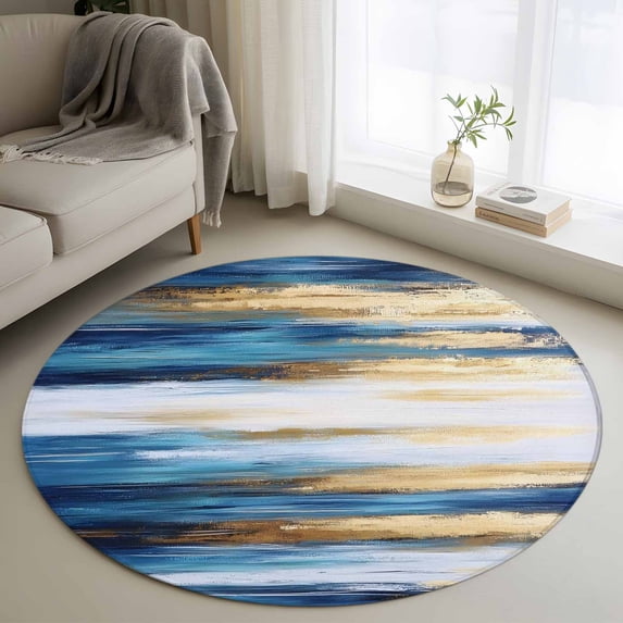Area Rug 48in, Retro Gradient Blue Gold Ripple Floor Carpet Living Room Rug, Abstract Wave Seamless Non-Slip Welcome Mat Indoor Rugs for Bedroom Dining Room