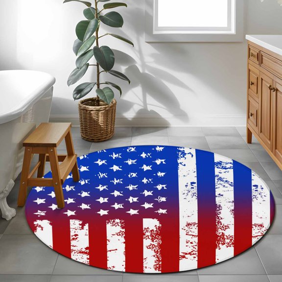 Area Rug 48in, Retro Stripes and Stars USA Flag Floor Carpet Living Room Rug, America Patriotic Day Non-Slip Welcome Mat Indoor Rugs for Bedroom Dining Room