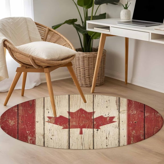 Area Rug 48in, Retro Wooden Stripes Maple Leafs Floor Carpet Living Room Rug, Country Red Brown Plank Non-Slip Welcome Mat Indoor Rugs for Bedroom Dining Room