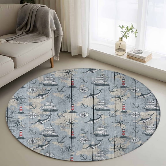Area Rug 48in, Sailing Anchor Compass Fish Floor Carpet Living Room Rug, Retro Wood Plank Nautical Theme Non-Slip Welcome Mat Indoor Rugs for Bedroom Dining Room
