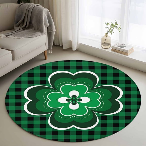 Area Rug 48in, Saint Patrick's Day Celtic Knots Shamrock Floor Carpet Living Room Rug, Buffalo Lattice Non-Slip Welcome Mat Indoor Rugs for Bedroom Dining Room