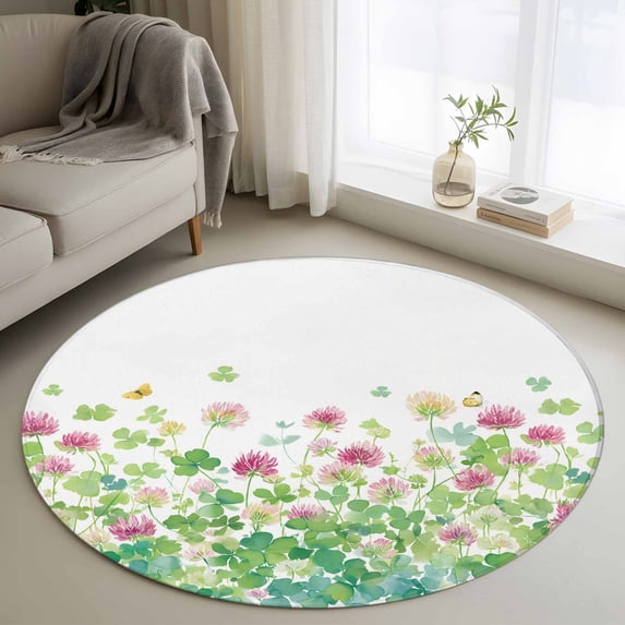 Area Rug 48in, Saint Patrick's Day Four Leafs Floor Carpet Living Room Rug, Watercolor Flowers Non-Slip Welcome Mat Indoor Rugs for Bedroom Dining Room