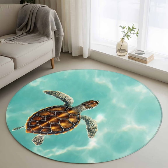 Area Rug 48in, Sea Turtle Baby Swimming In Water Floor Carpet Living Room Rug, Blue Green Ocean Non-Slip Welcome Mat Indoor Rugs for Bedroom Dining Room