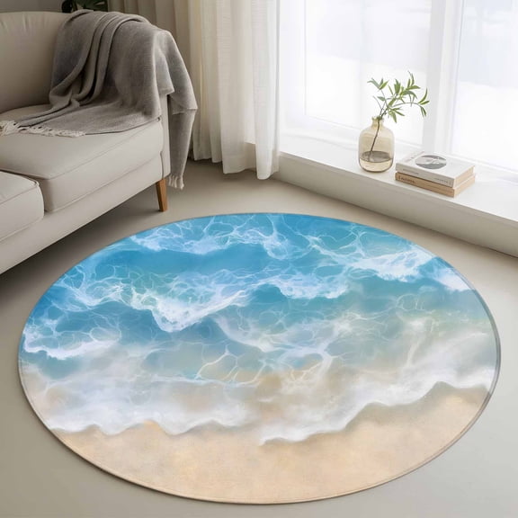 Area Rug 48in, Seaside Beach Blue Waves Floor Carpet Living Room Rug, Summer Ocean Nautical Theme Non-Slip Welcome Mat Indoor Rugs for Bedroom Dining Room