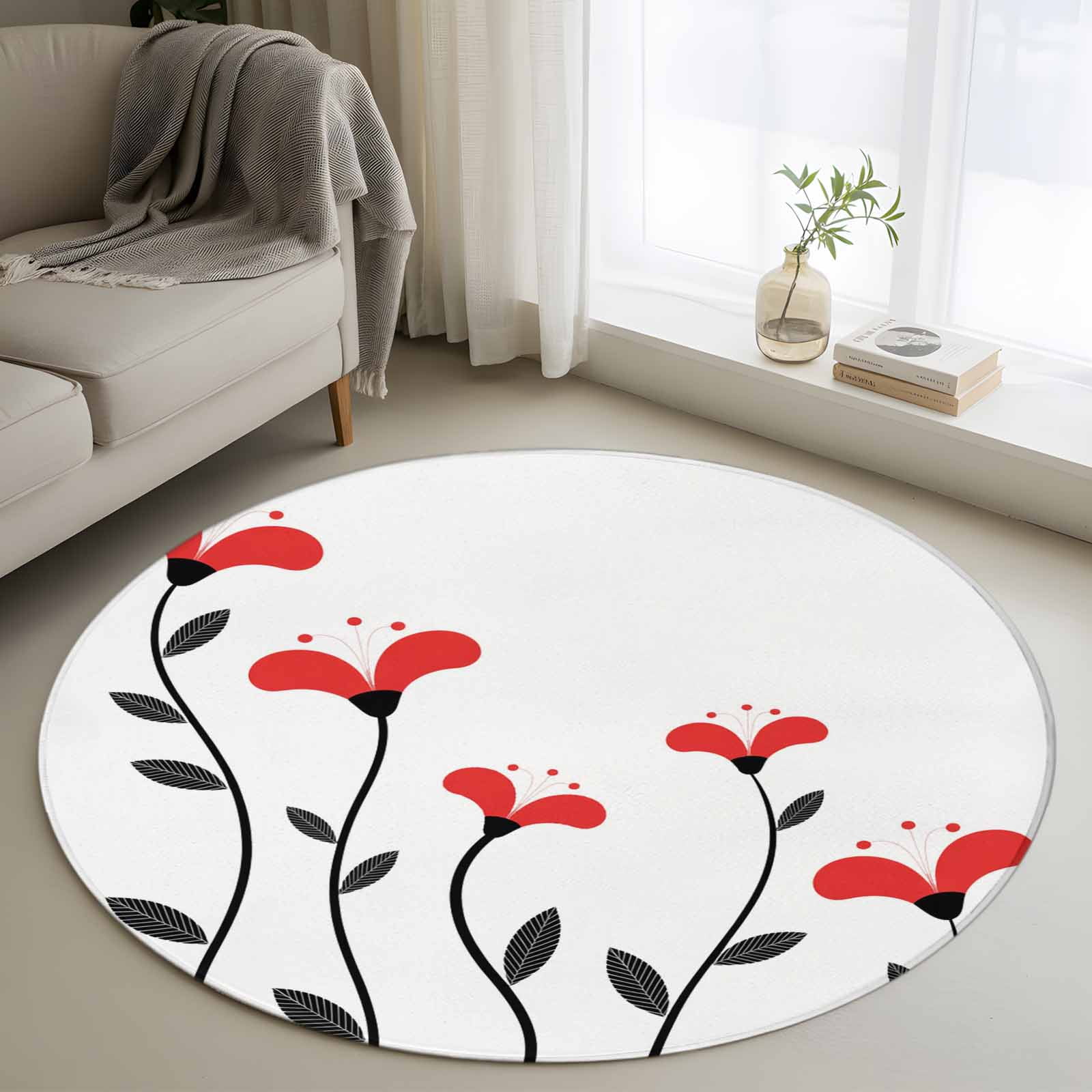 Area Rug 48in, Simplistic Idyllic Red Flower Plant Floor Carpet Living ...